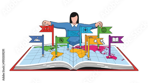 World of Discovery: A woman stands atop an open book, symbolizing a journey through knowledge, with vibrant flags representing different destinations on a detailed map.