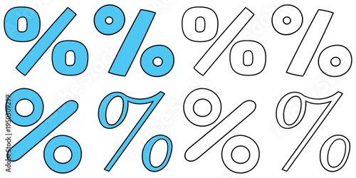Hand-drawn cartoon and doodle set of percent signs on a white background.