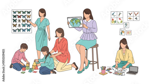 Empowering Educator in the classroom: A collection of educators and children engaging in learning activities, showcasing the diverse ways to learn. 