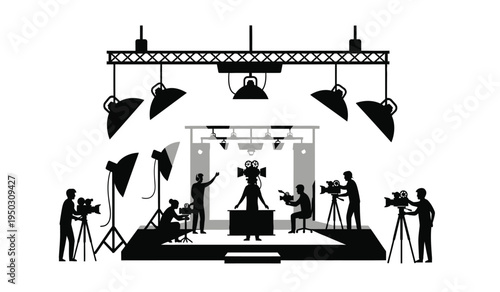 Black silhouette illustration of a professional film set with crew members and camera equipment