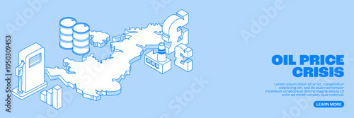 Uk fuel and oil price crisis with isometric map of United Kingdom petrol pump barrels and pound currency illustrating energy market pressure