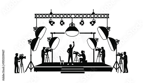 A professional television or film production set with camera operators filming a person on stage