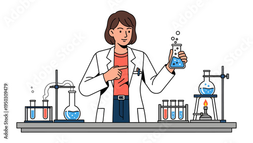 Laboratory Experiment: A female scientist in a lab coat is intently conducting a scientific experiment. The lab is filled with various laboratory equipment, a true scene of experimentation