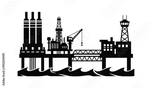 Black silhouette illustration of an offshore oil rig platform situated on the turbulent ocean waves