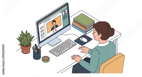 A woman engages in a productive video conference call from her home office, utilizing modern technology for remote work and virtual collaboration.