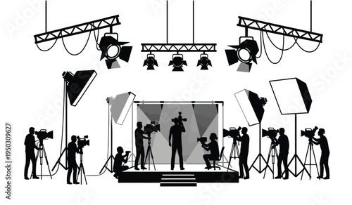 Black silhouette illustration of a professional film production studio with crew and equipment