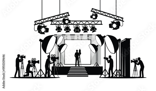 Black silhouette illustration showing a professional film studio set with cameras and lighting gear