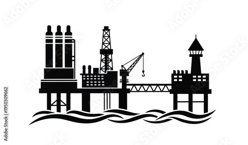 Black silhouette of an offshore oil rig platform located in the middle of a choppy ocean surface