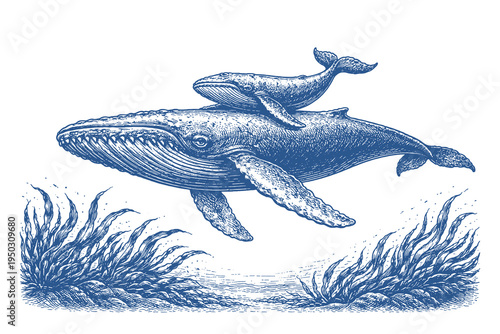 Humpback Whale with Calf Swimming in the Ocean with Seaweed in Detailed Traditional Hand Drawn Vector Engraving and Line Art Style.