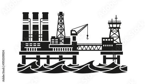 Black silhouette icon of an offshore oil rig platform situated on the surface of the wavy ocean
