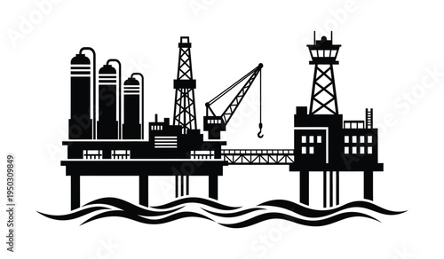 Black silhouette of an offshore oil rig platform complex with processing towers and a large crane