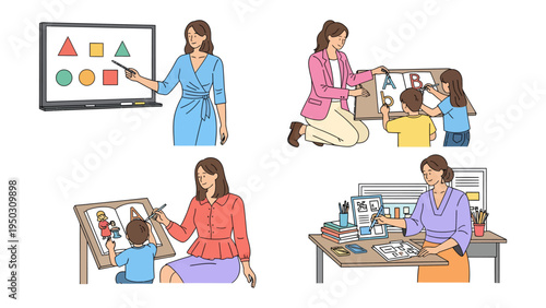 Teacher and Students Education Scene: Four scenes capturing a teacher instructing students in a classroom setting, using educational materials and interactive learning methods.