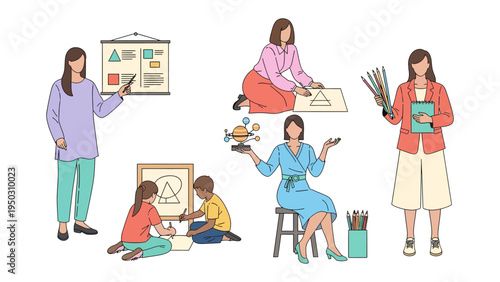 Artistic Endeavors: Various depictions showcase a teacher engaging and guiding students, fostering a creative environment filled with shapes and vibrant ideas.