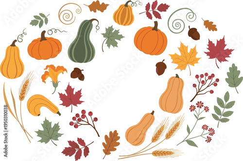 Autumn harvest wreath with pumpkins, squash, maple leaves, wheat, berries and acorns seasonal fall decorative vector illustration