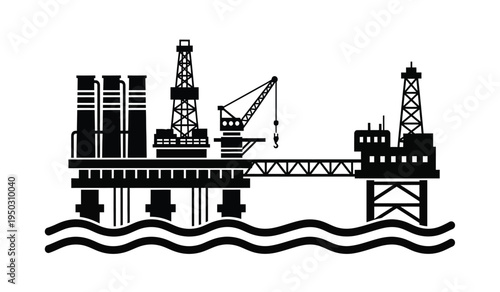 Black silhouette icon of an offshore oil drilling rig platform situated on top of ocean waves