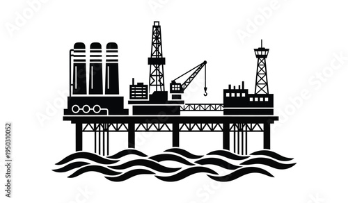 Black silhouette illustration of an offshore oil drilling rig platform situated on ocean waves