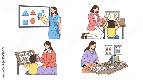 Education in Focus: A series of illustrations capturing moments of learning and guidance, from teaching shapes and letters to creative activities and studying.