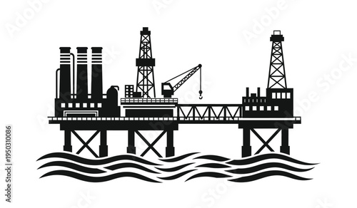 Black silhouette illustration of an offshore oil rig platform with derrick towers and chimneys
