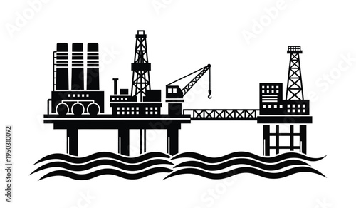 A black silhouette illustration of an offshore oil rig platform located in the middle of the sea