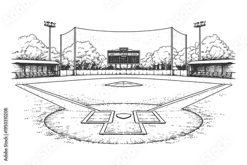 Perspective View of a Baseball Field Diamond with Scoreboard and Floodlights in Detailed Hand Drawn Vector Line Art Illustration Style.
