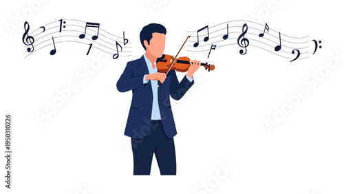 Musical Serenade: A figure in a suit gracefully plays a violin, surrounded by flowing musical notes, demonstrating the beauty and art of music.