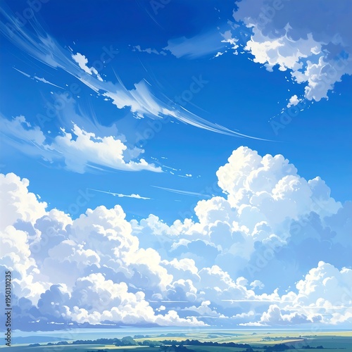 A serene landscape with a vast blue sky filled with fluffy white clouds (1)