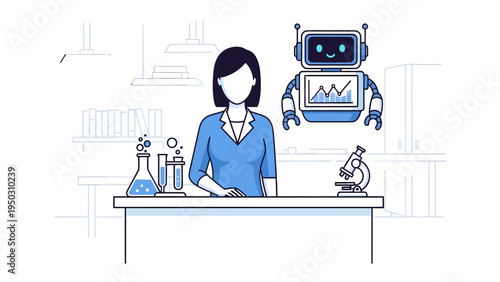 The Visionary Laboratory: A female scientist in a lab coat, surrounded by scientific instruments and an advanced, intelligent robot, signifies innovation and progress in the field of science. 