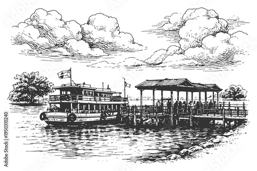 Traditional Ferry Terminal with Boat and Wooden Pier on Water in Detailed Black and White Hand Drawn Vector Line Art Engraving Style.