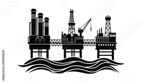 A detailed black silhouette illustration of a large offshore oil rig complex located on the ocean
