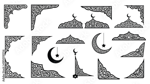 Islamic ornamental corner and crescent moon star motif decorative set