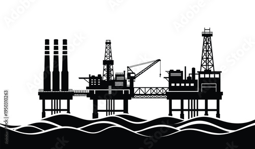 Black silhouette illustration of a large offshore oil rig station floating on the ocean waves