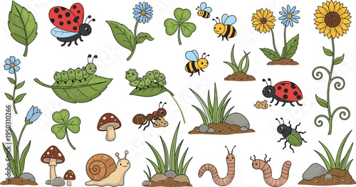 Cute garden insects and nature elements collection with ladybugs, bees, caterpillars, worms, leaves, flowers and mushrooms vector illustration set