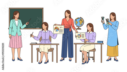 Teacher's Versatility: A set of illustrations showcasing a teacher in various roles: instructing with a pointer, analyzing charts, presenting a globe, and handling money.