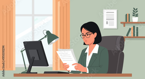 A focused businesswoman diligently reviews important documents at her modern office desk, illuminated by a desk lamp, ensuring accuracy and productivity.