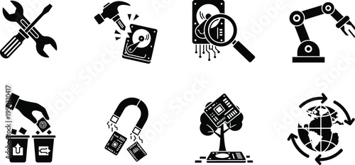 Collection of industrial and tool icons in black and white