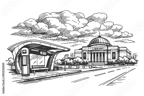 Modern Public Library Building with City Bus Stop and Cloudy Sky in Clean Hand Drawn Vector Line Art and Engraving Illustration.