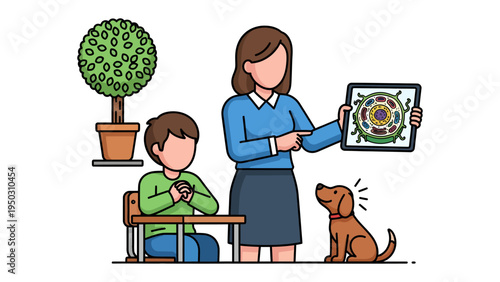 Artistic moment: A teacher guides a student through an art lesson, with a dog at their feet. It captures a moment of creative learning and connection in a warm and inviting classroom.