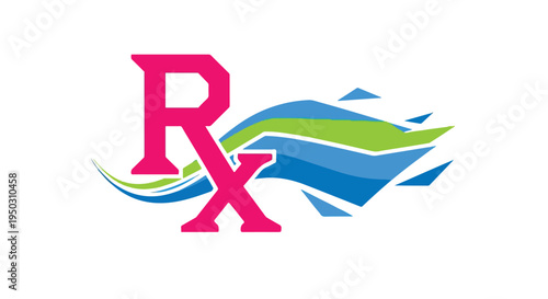 Pink RX Prescription Symbol with Blue and Green Waves Vector Illustration