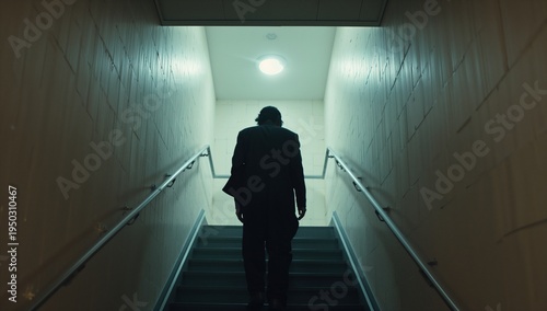 Walking man in dark suit climbing narrow stairwell at bottom, with scuffed tiled walls, round light