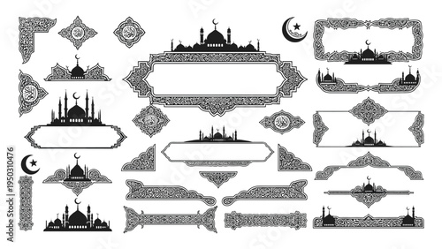 Islamic ornaments set with mosque silhouettes and borders for ramadan cards.