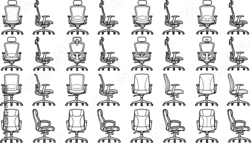 A diverse set of office chairs are showcased, offering a variety of seating options.