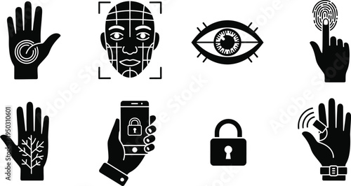 Collection of black and white icons depicting hands face eye lock and smartphone