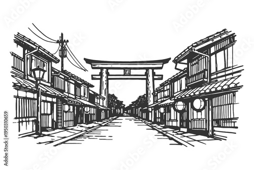 Traditional Japanese Street Scene Featuring a Torii Gate and Classic Machiya Houses in Detailed Black and White Hand Drawn Vector Line Art Illustration.