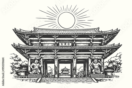 Detailed Vector Illustration of a Grand Buddhist Temple Gate with Guardian Statues and Pagoda in Traditional Hand Drawn Engraving Line Art Style.