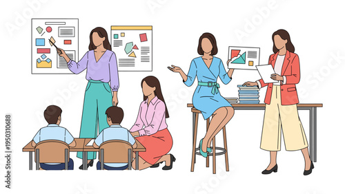 School Education and Teaching Illustrations: A vibrant illustration showcasing four distinct teaching scenarios with female educators engaging with young students.