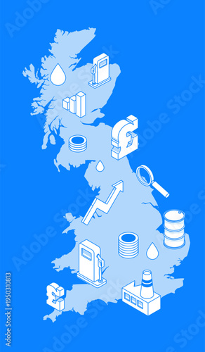 Uk fuel and oil price crisis with isometric map of United Kingdom petrol pump barrels and pound currency illustrating energy market pressure