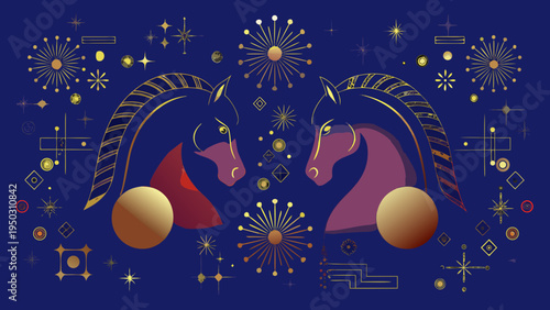 Two golden horses with ornate manes face each other amid fireworks