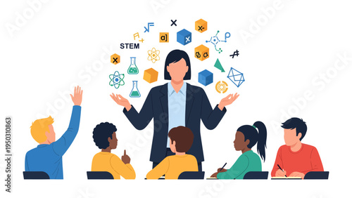 Inspiring Education: A teacher passionately imparts knowledge to an eager class of students, illustrated with vibrant STEM elements.