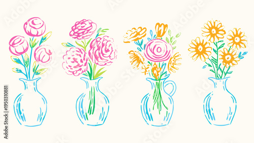 Four colorful floral arrangements in vases sketched style illustration