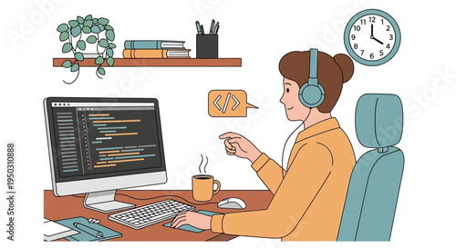 A focused female programmer wearing headphones diligently codes on her desktop computer at a modern home office, surrounded by essential work tools.